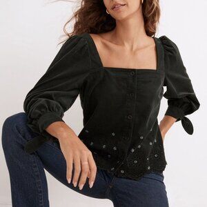 Madewell Dark Palm Green Embroidered Eyelet Corduroy Tie-Sleeve Top XS